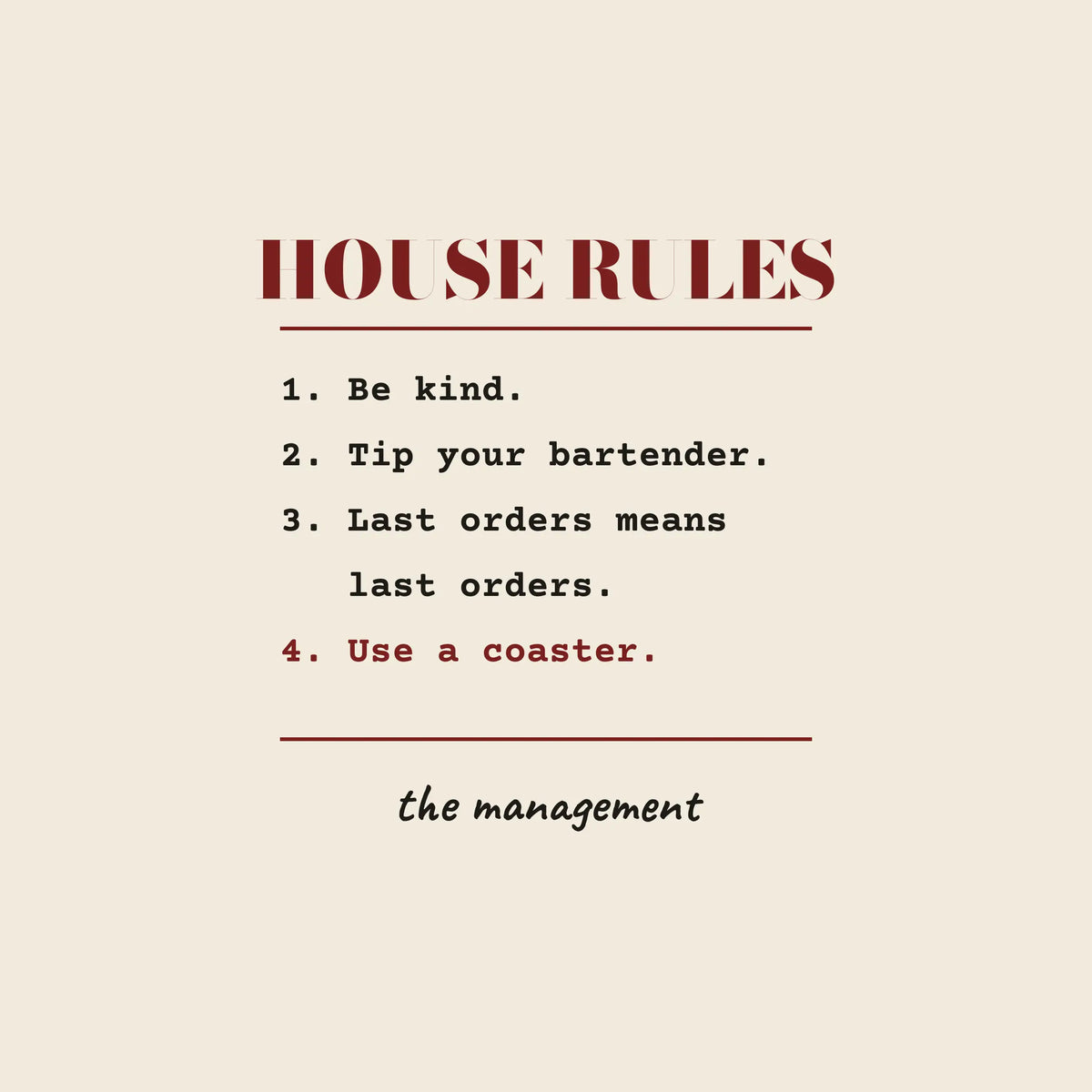 House Rules pub house rules paper coaster design from the Pub & Beer collection in cream, black and burgundy