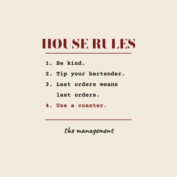 House Rules pub house rules paper coaster design from the Pub & Beer collection in cream, black and burgundy