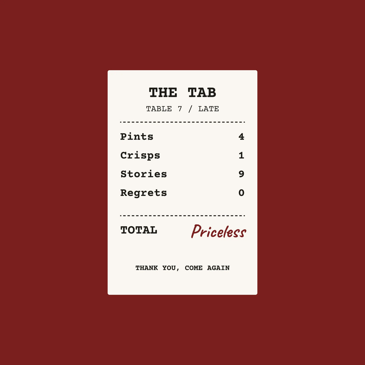 The Tab bar tab paper coaster design from the Pub & Beer collection in burgundy, cream and black
