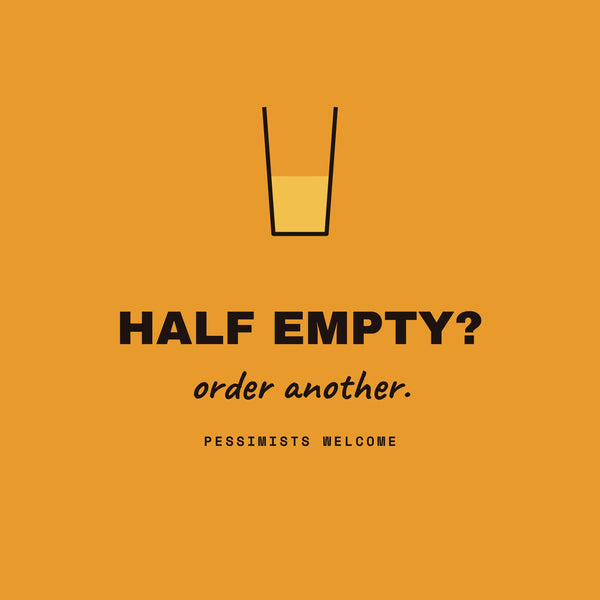 Half Empty pessimist beer paper coaster design from the Pub & Beer collection in amber orange, black and cream