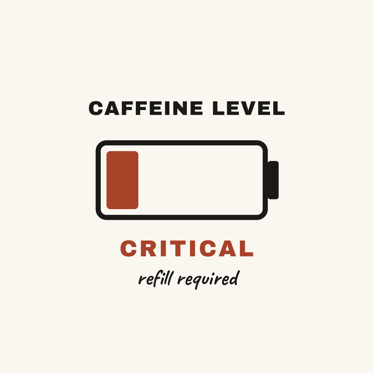 Caffeine Level — Papieruntersetzer mit Kaffee und leerem Akku. Kollektion Coffee Wit. Farben: Rostrot, Schwarz und Creme.