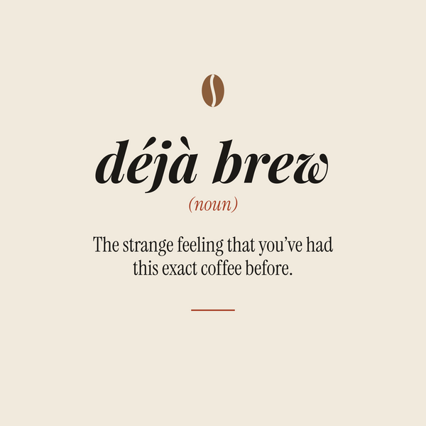 Déjà Brew coffee pun paper coaster design from the Coffee Wit collection in black, rust red and cream