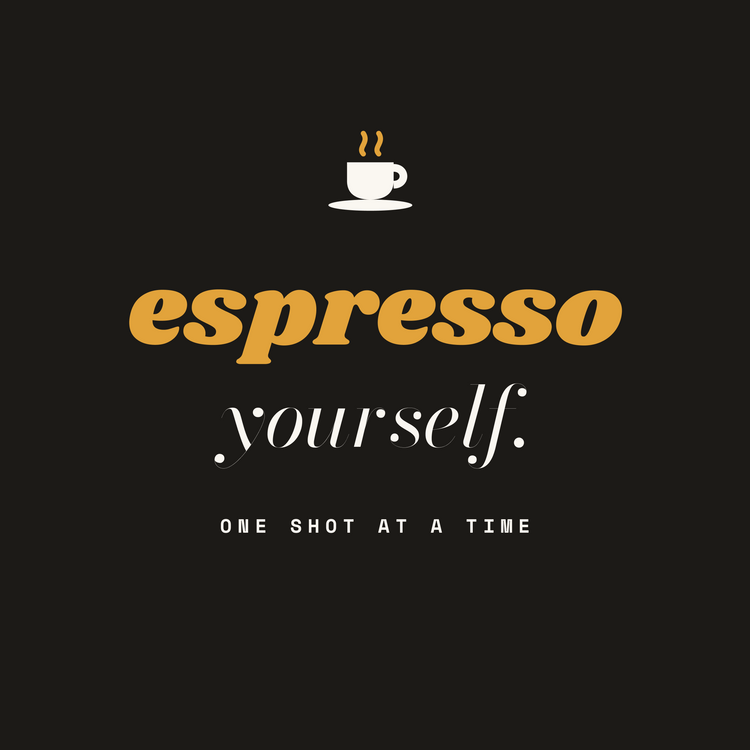 Espresso Yourself espresso pun paper coaster design from the Coffee Wit collection in black, golden yellow and cream