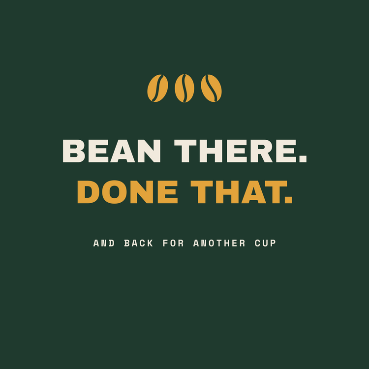 Bean There coffee bean pun paper coaster design from the Coffee Wit collection in forest green, gold and cream