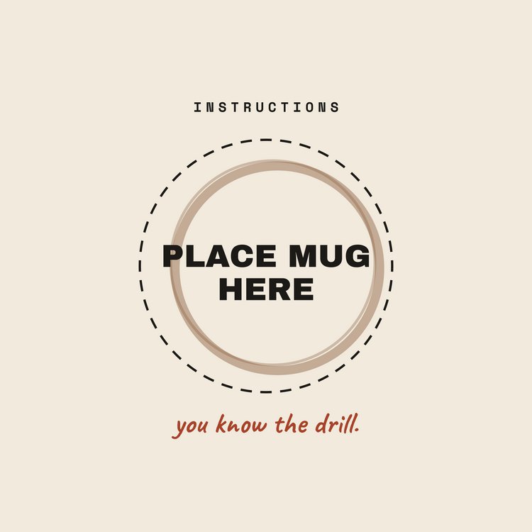 Place Mug Here mug ring paper coaster design from the Coffee Wit collection in beige, coffee brown and rust red