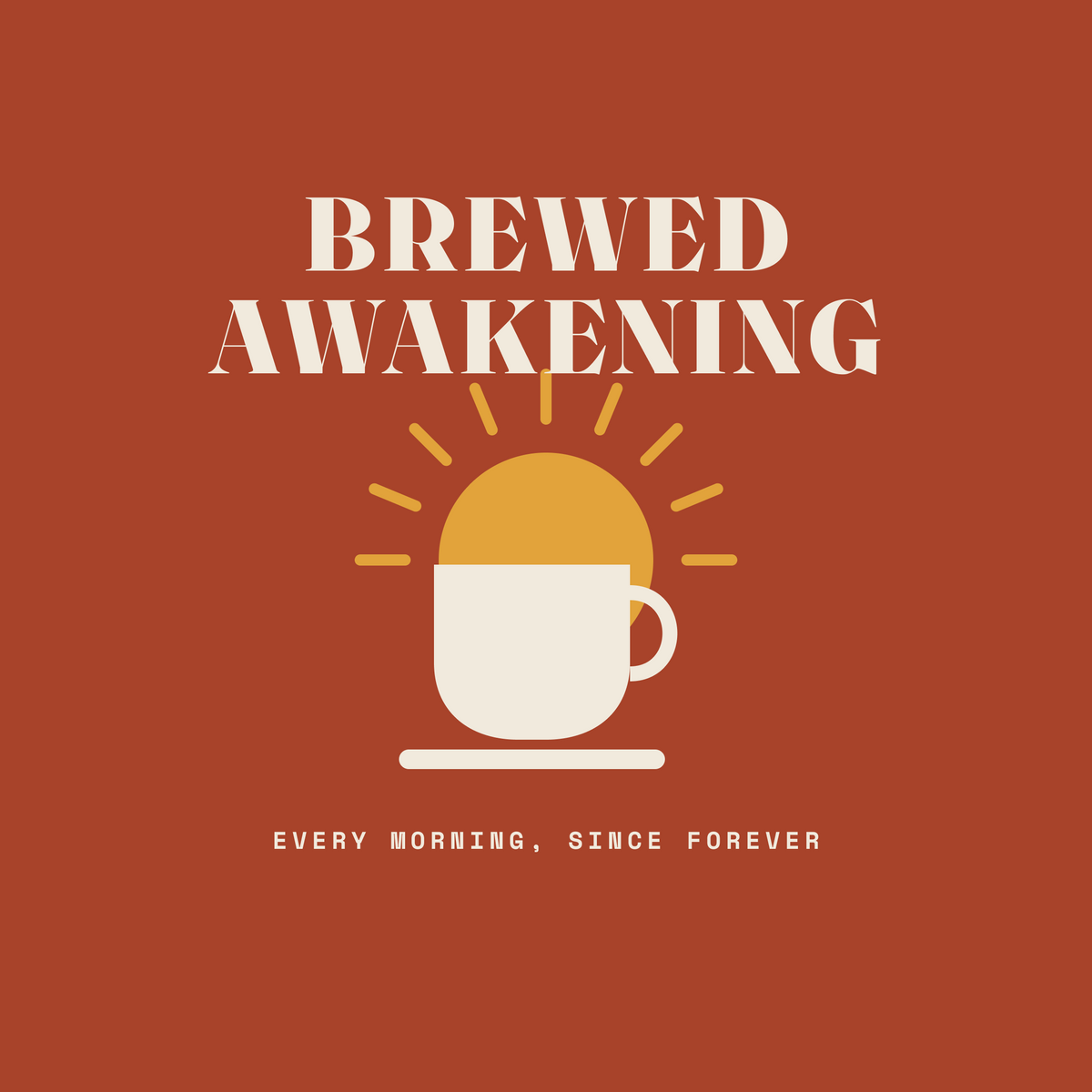 Brewed Awakening sunrise coffee paper coaster design from the Coffee Wit collection in brick red, golden yellow and cream