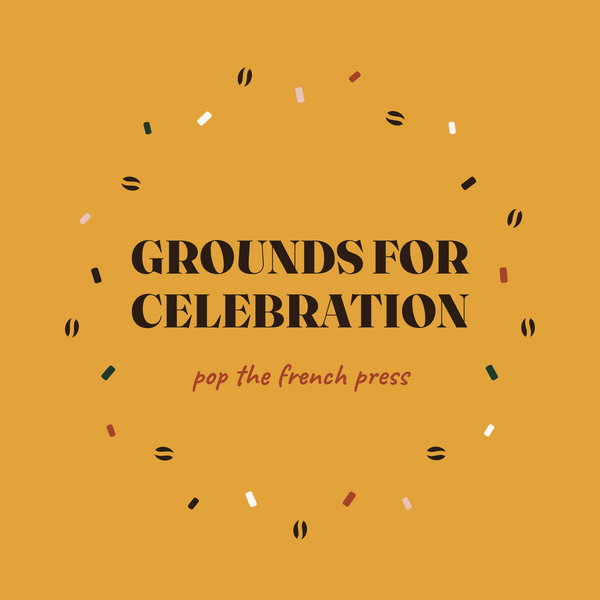 Grounds for Celebration coffee celebration paper coaster design from the Coffee Wit collection in mustard yellow, black and rust red