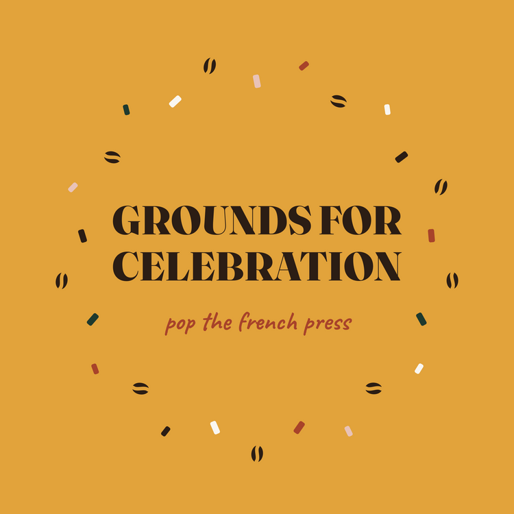Grounds for Celebration coffee celebration paper coaster design from the Coffee Wit collection in mustard yellow, black and rust red