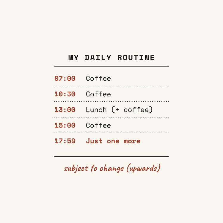 Daily Routine coffee schedule paper coaster design from the Coffee Wit collection in black, rust red and cream