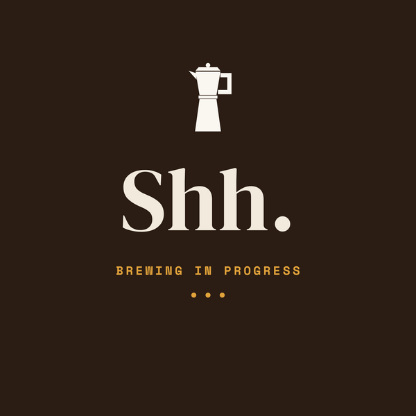 Shh, Brewing moka pot paper coaster design from the Coffee Wit collection in espresso brown, cream and amber