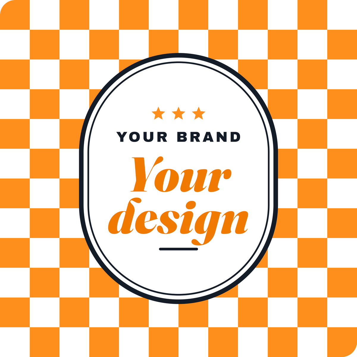 Hey Coasters Studio example: orange checkerboard paper coaster with a white badge for brand artwork.