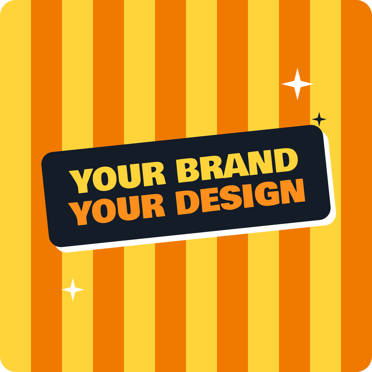 Hey Coasters Studio example: yellow and orange striped paper coaster with a dark brand label.