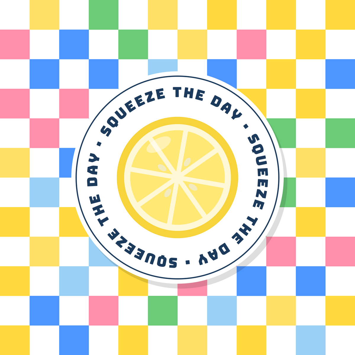 Squeeze the Day lemon paper coaster design with multicolour checkerboard in yellow, blue, pink and green