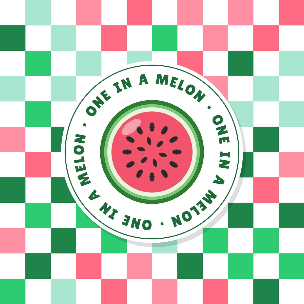 One in a Melon watermelon paper coaster design with green and pink checkerboard in green, pink and white