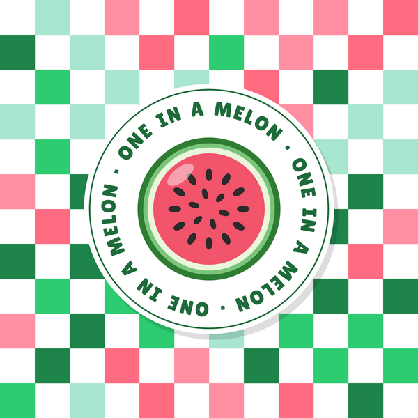 One in a Melon watermelon paper coaster design with green and pink checkerboard in green, pink and white