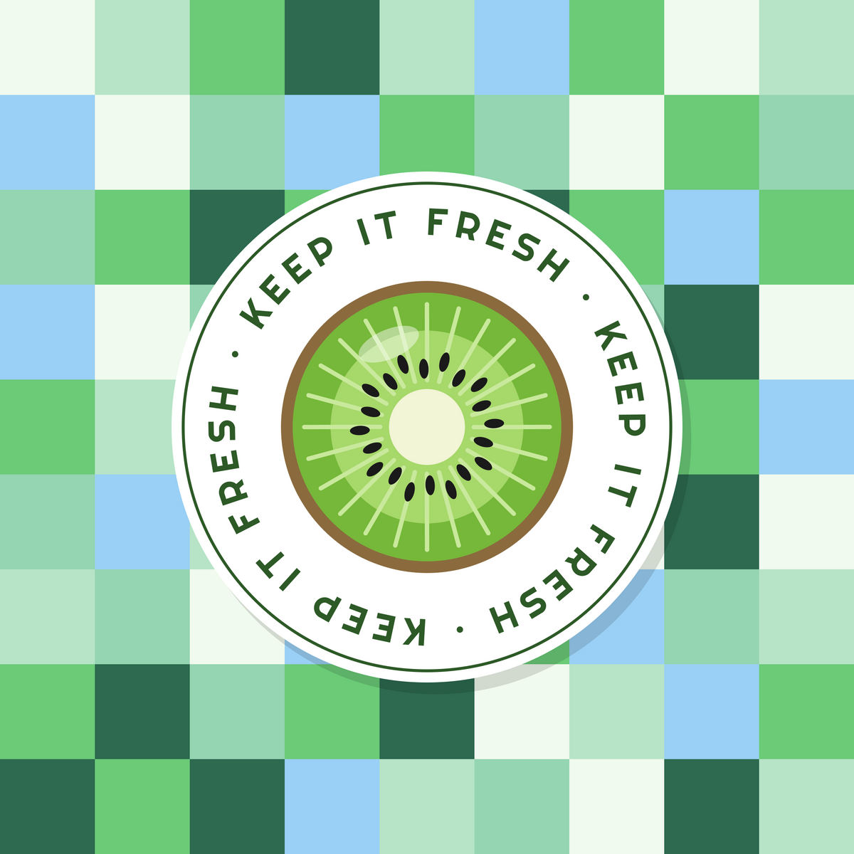 Keep It Fresh kiwi paper coaster design with green and blue checks in green, mint and pale blue