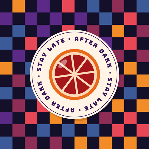 After Dark blood orange paper coaster design with dark multicolour checkerboard in navy, purple, red and orange
