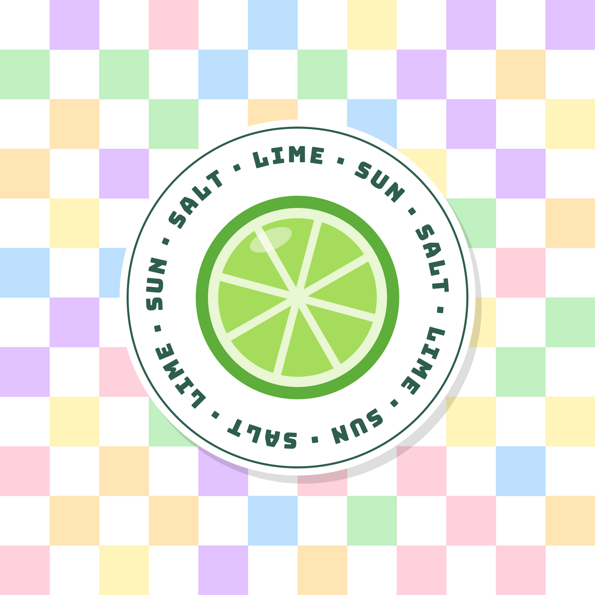 Salt Lime Sun lime paper coaster design with pastel checkerboard in pastel pink, lilac, mint, blue and yellow