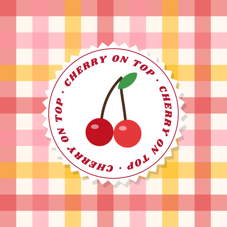 Cherry on Top cherry paper coaster design with warm gingham in coral, pink, yellow and red