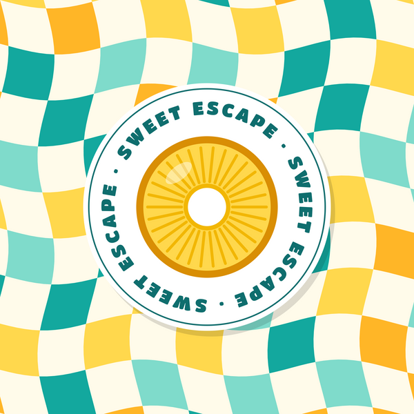 Sweet Escape pineapple paper coaster design with wavy teal and yellow checks in teal, yellow and cream