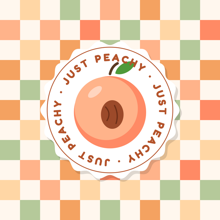 Just Peachy peach paper coaster design with soft peach and sage checkerboard in peach, sage, orange and cream