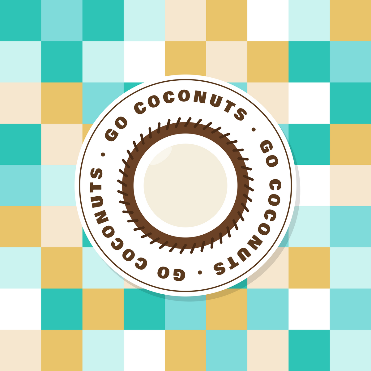 Go Coconuts coconut paper coaster design with turquoise and yellow checks in turquoise, golden yellow and cream