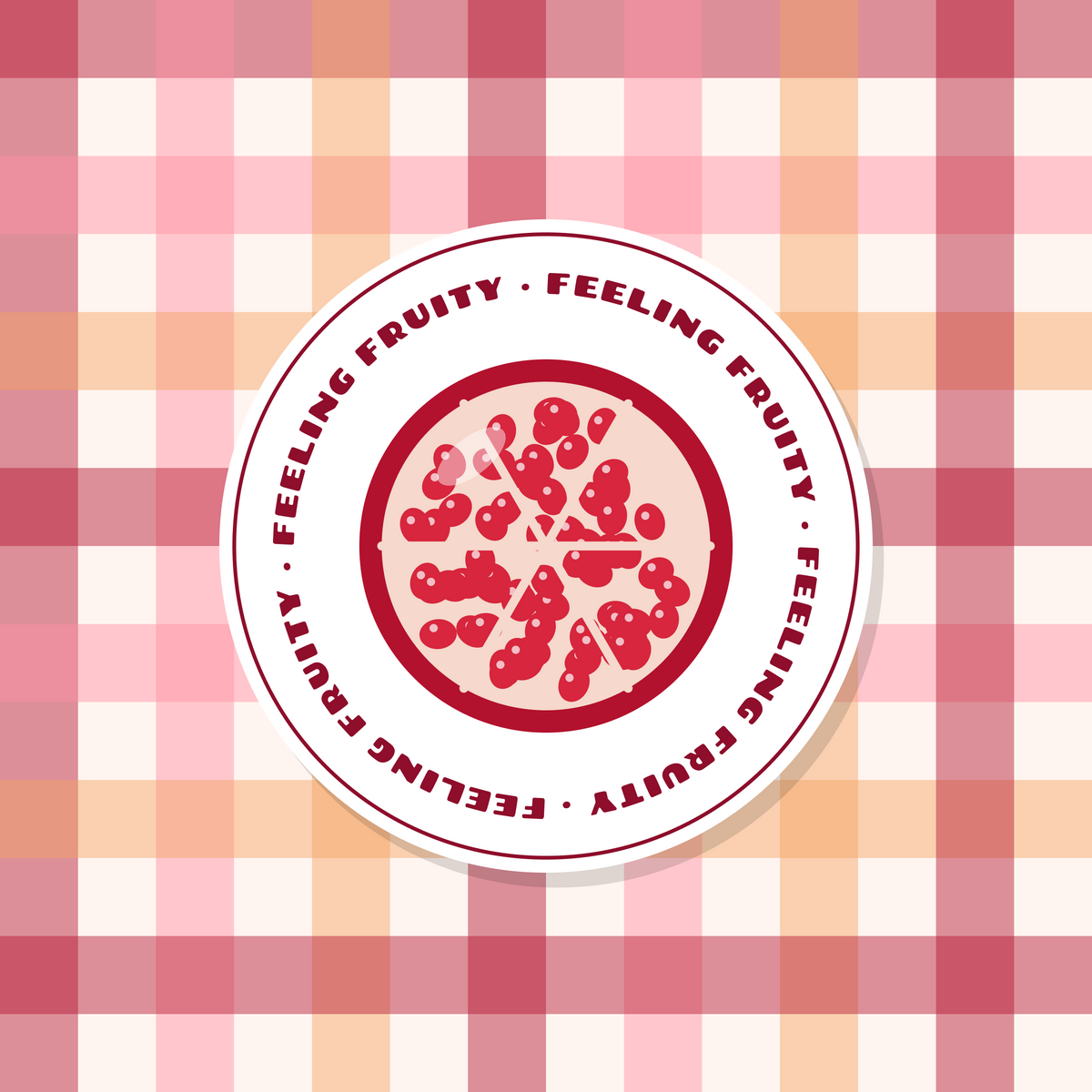 Feeling Fruity pomegranate paper coaster design with rose and burgundy gingham in rose, burgundy, coral and cream