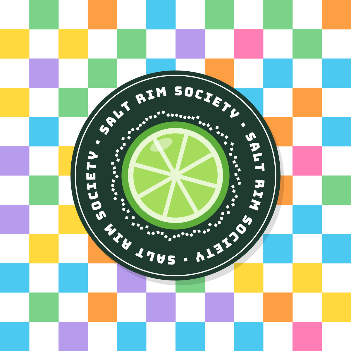 Salt Rim Society lime paper coaster design with multicolour checkerboard in green, blue, yellow, pink and lilac