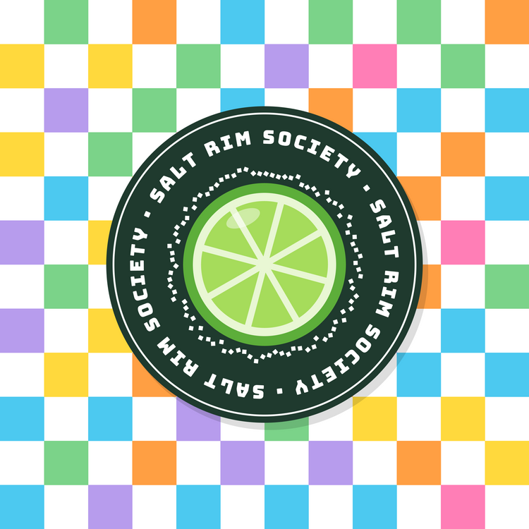 Salt Rim Society lime paper coaster design with multicolour checkerboard in green, blue, yellow, pink and lilac