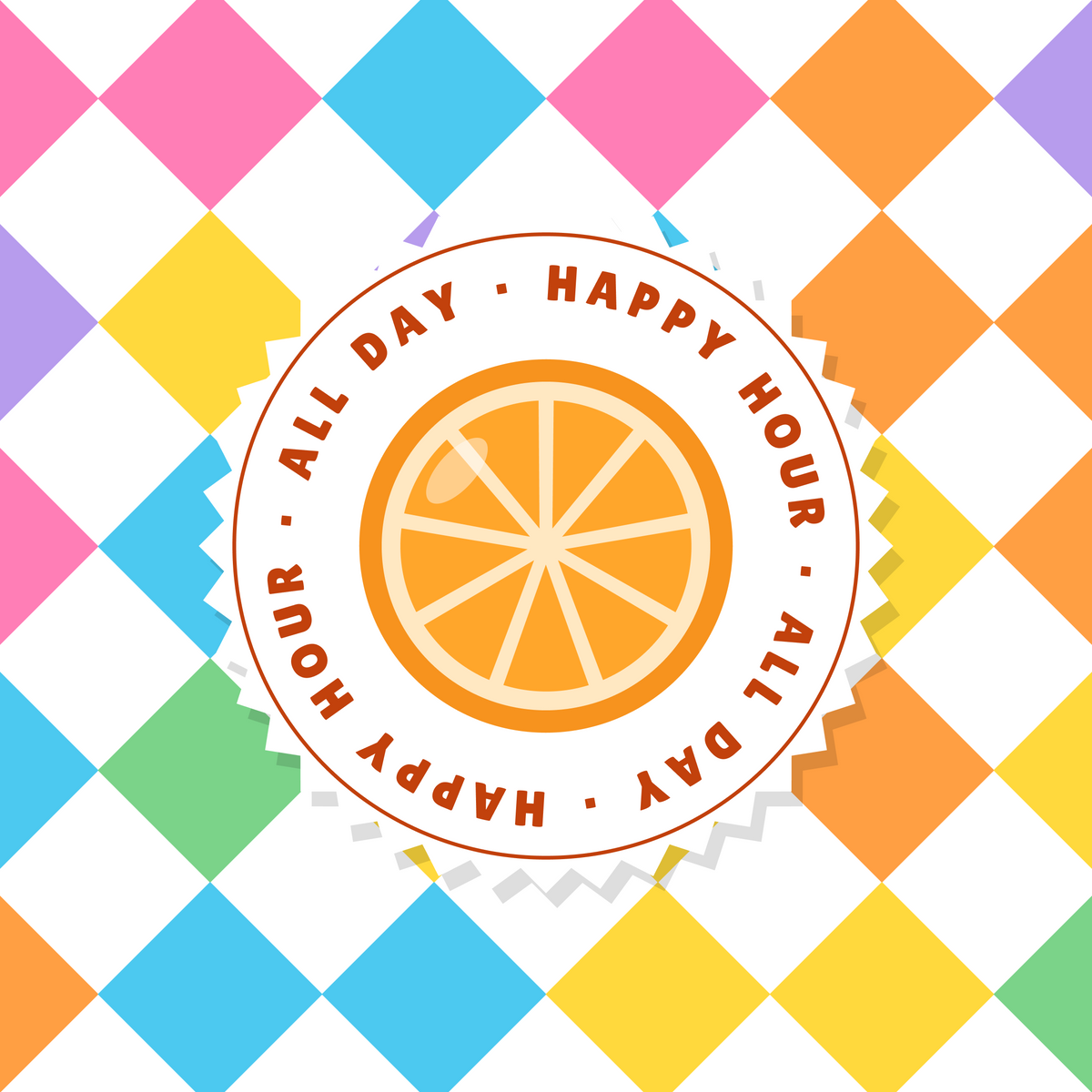 Happy Hour All Day orange paper coaster design with bright diagonal checkerboard in pink, blue, yellow, lilac and orange