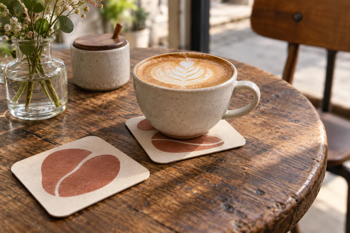 Kaffeetasse auf einem illustrierten Terrakotta-Untersetzer aus Papier in einem Café