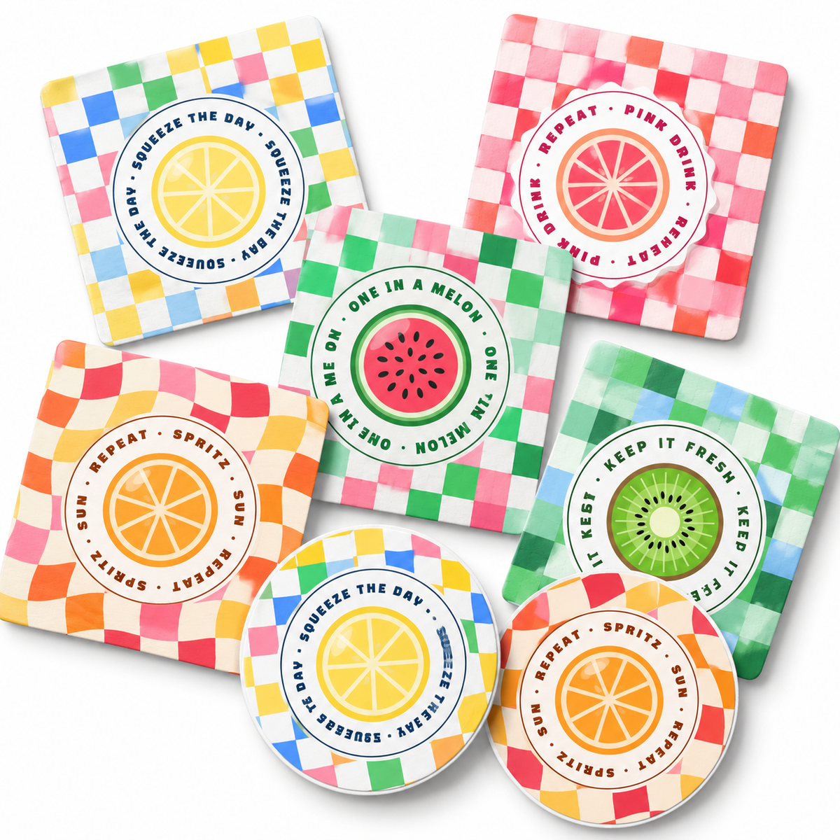 Happy Hour Club collection: colourful round and square paper coasters on white. Illustrative digital mockup.