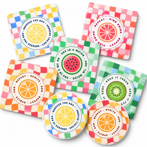 Happy Hour Club collection: colourful round and square paper coasters on white. Illustrative digital mockup.