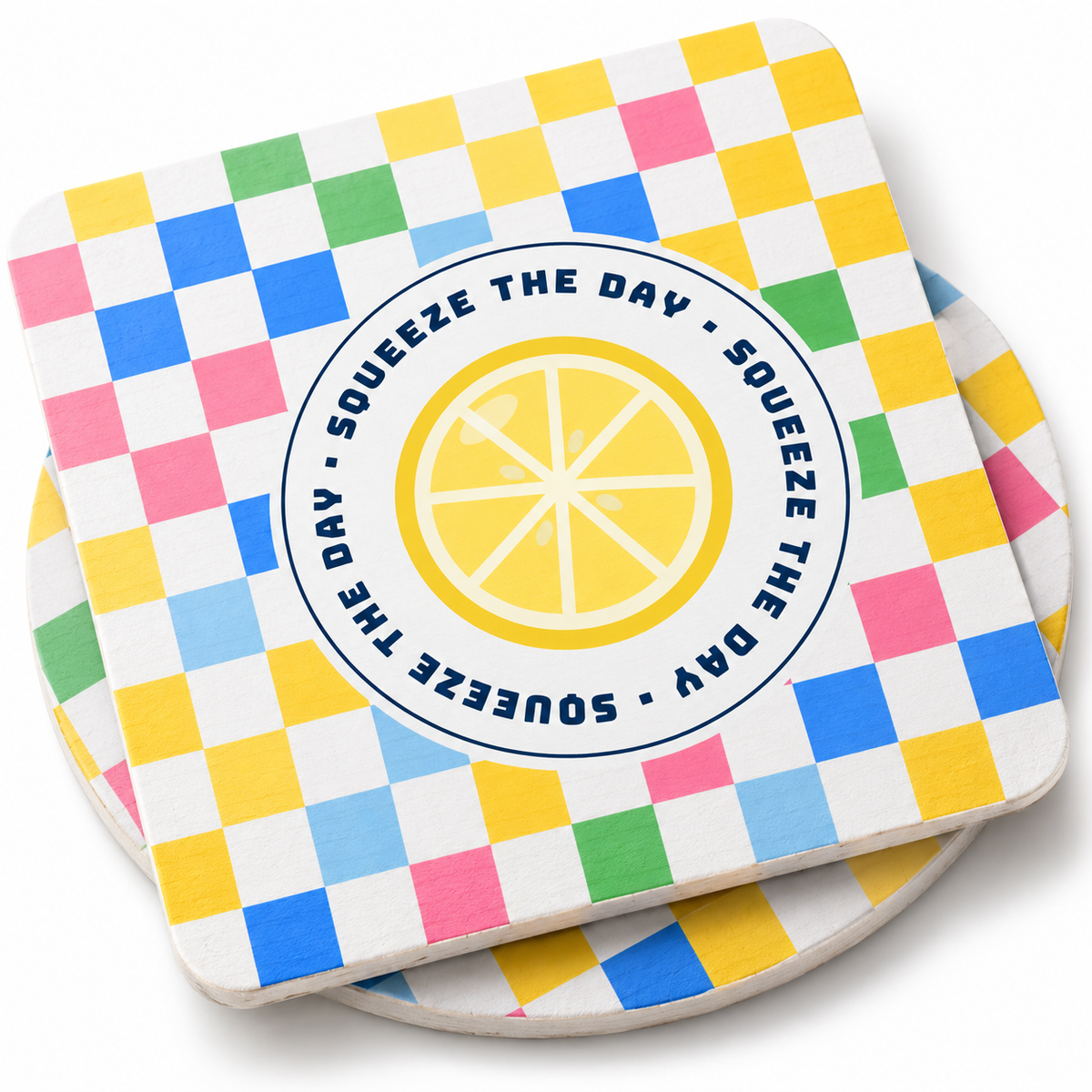 Happy Hour Club collection: Squeeze the Day paper coaster print and cut edge. Illustrative digital mockup; example design.