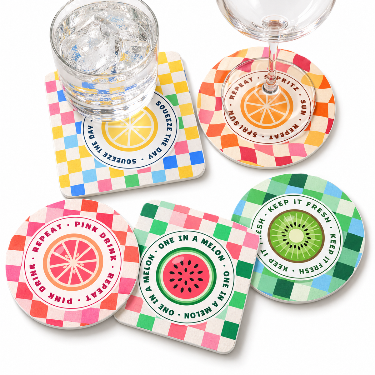 Happy Hour Club collection: paper coasters with clear glassware on white. Illustrative digital mockup; glassware not included.