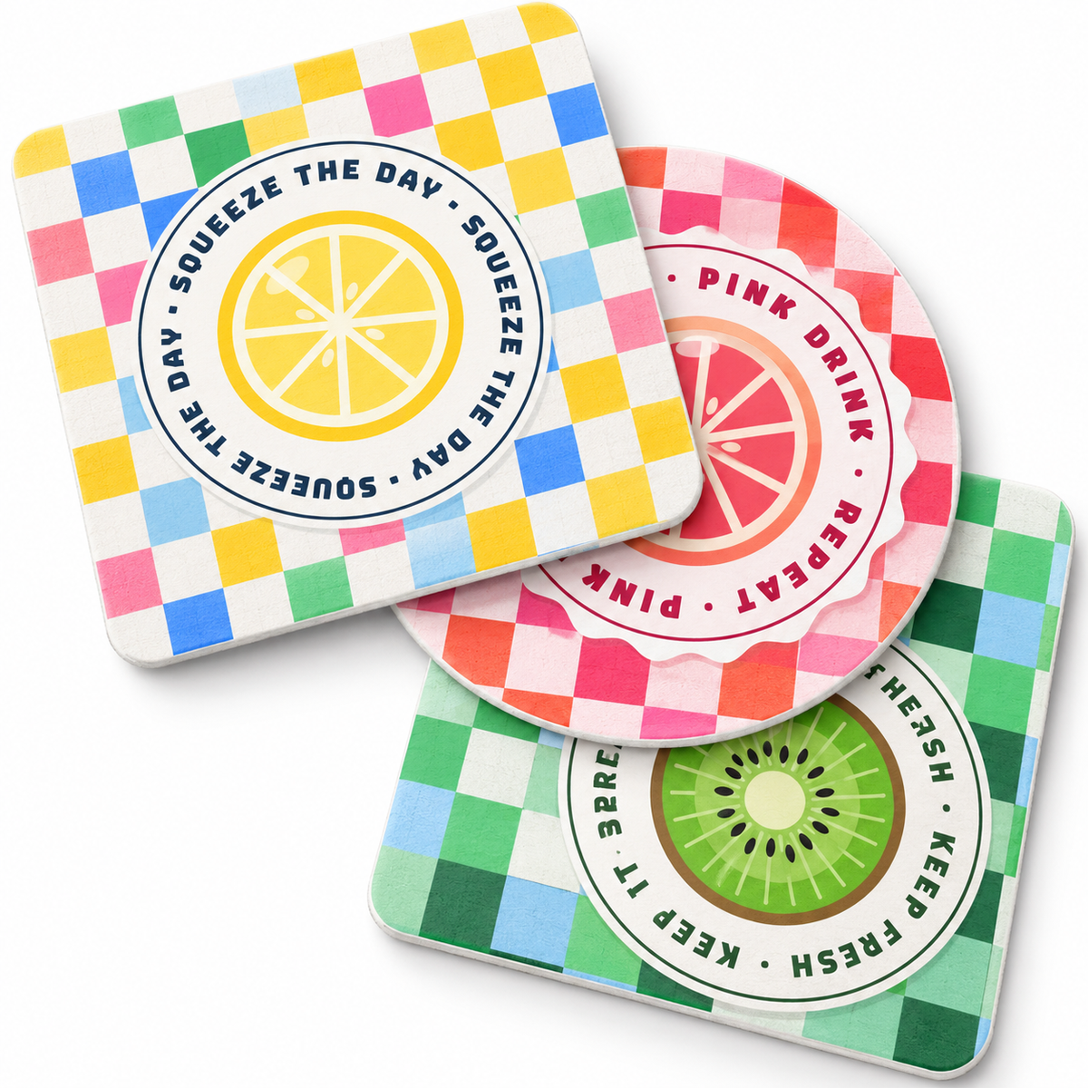 Happy Hour Club collection: close view of printed paper coaster faces and edges. Illustrative digital mockup.