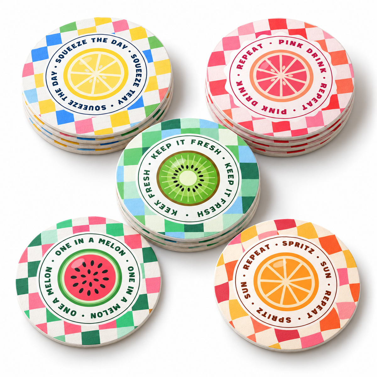 Happy Hour Club collection: round paper coaster stacks in different designs. Illustrative digital mockup.