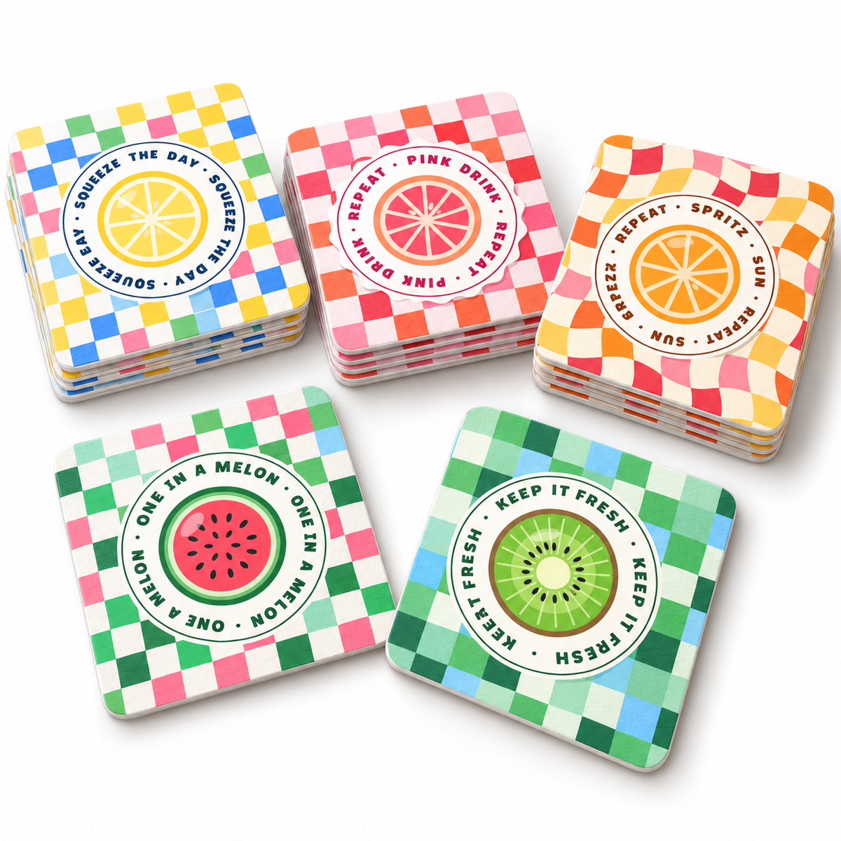 Happy Hour Club collection: square paper coaster stacks in different designs. Illustrative digital mockup.